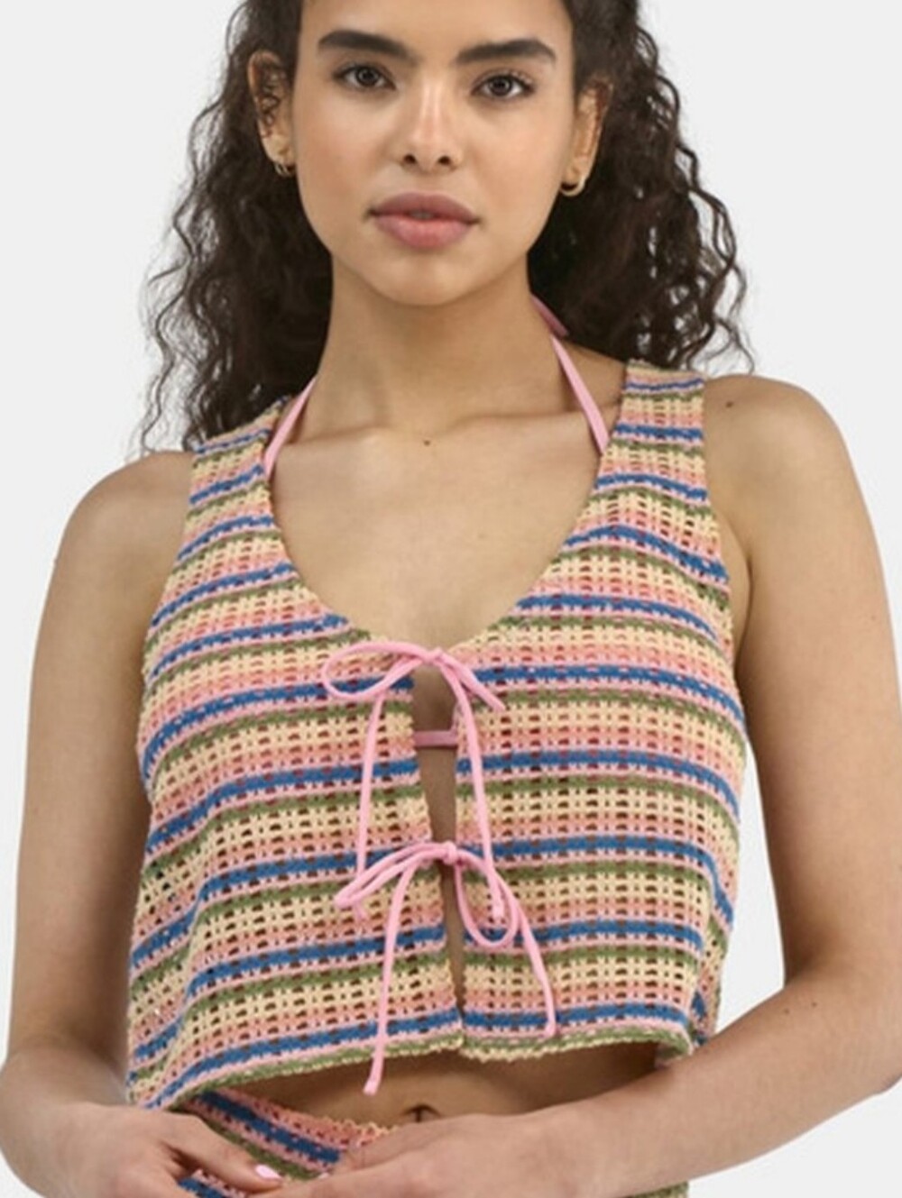 Celebrity Pink Multicolor Striped Crochet Swim Coverup Tie Front Tank Top